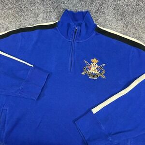 VTG Polo Ralph Lauren 1/4 Zip Crest Logo Sweater LS Blue Embroidered Stripe XL